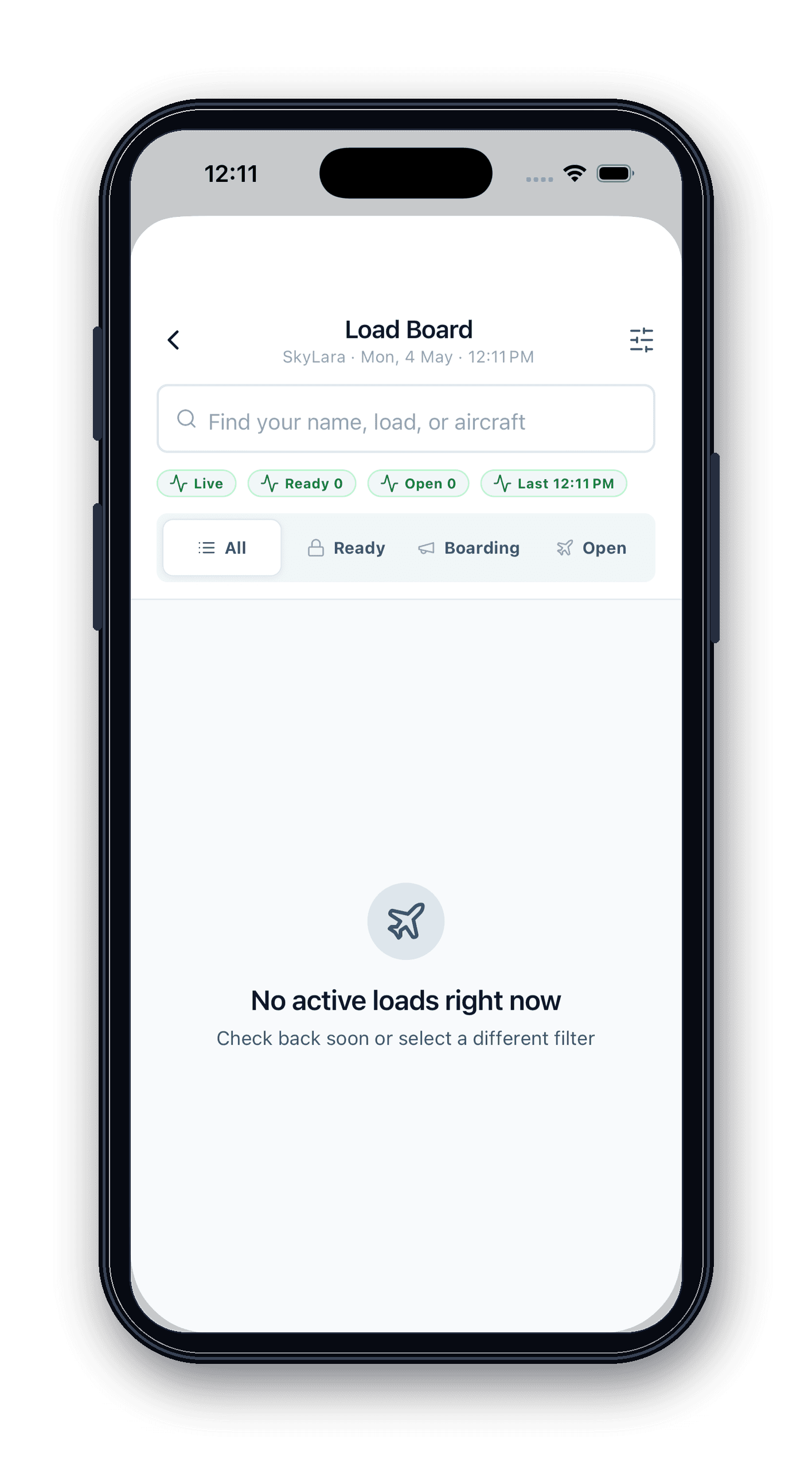 SkyLara mobile manifest load board iPhone mockup.